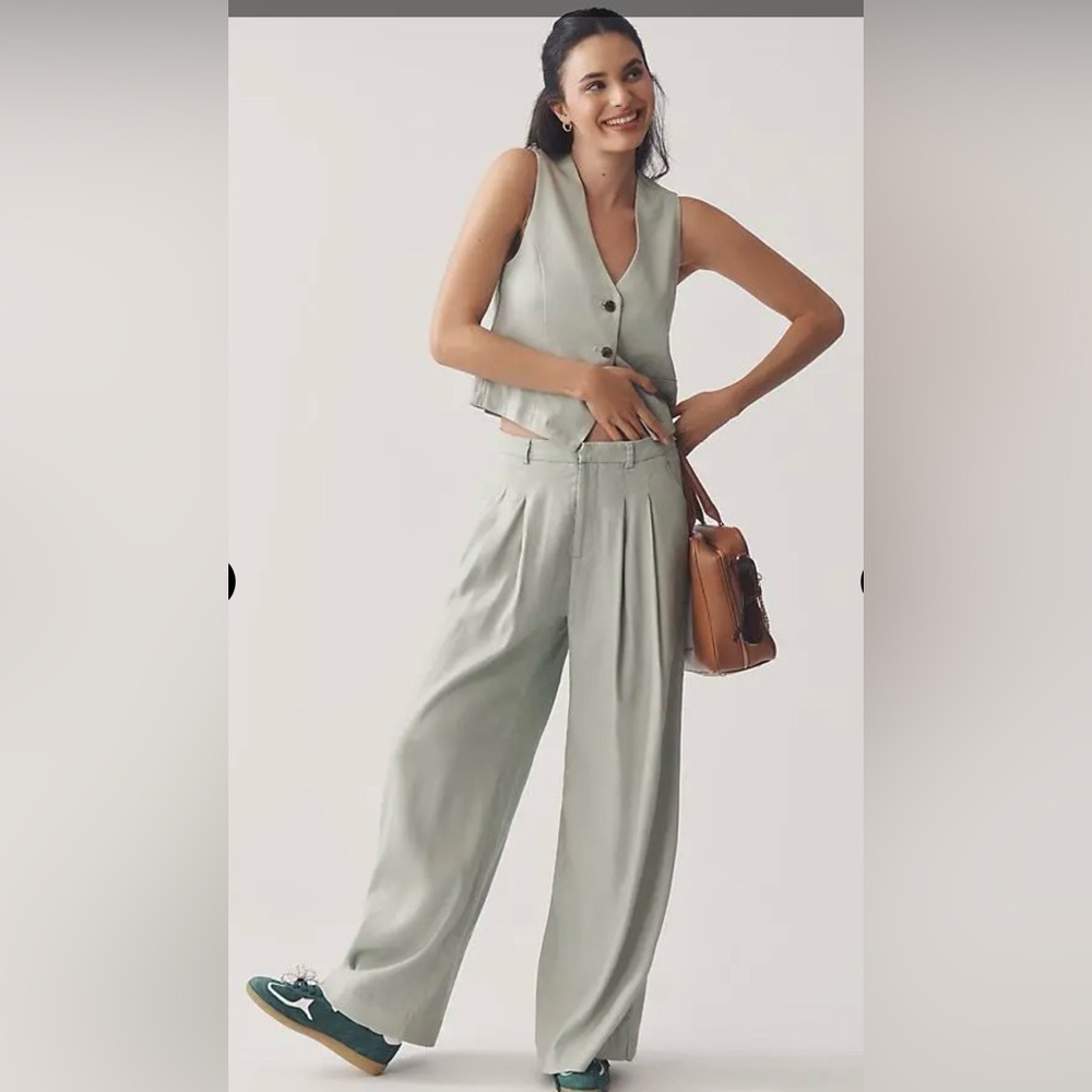 Maeve Wide-Leg Pleated Trousers in Sage Green. NWOT. Size L.